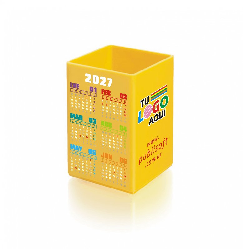 Cubo, con y sin calendario, porta lápiz,  amarillo