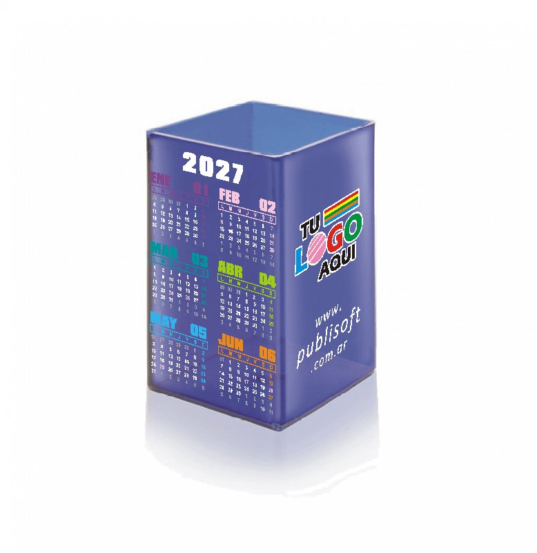 Cubo, con y sin calendario, porta lápiz, azul traslúcido