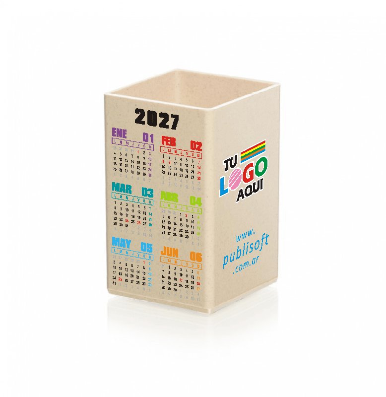 Cubo, con y sin calendario, porta lápiz eco beige