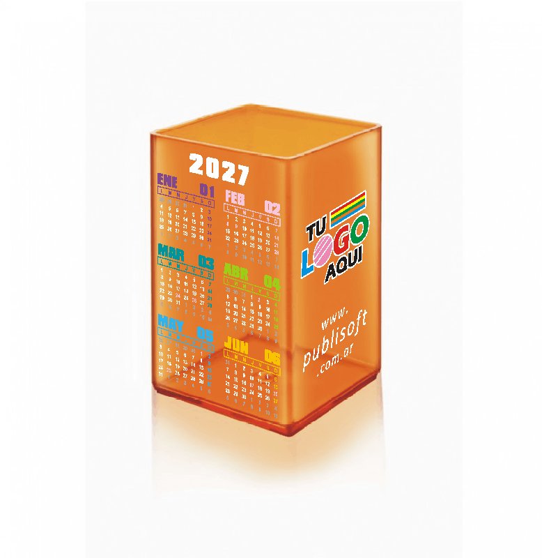 Cubo, con y sin calendario, porta lápiz naranja traslúcido
