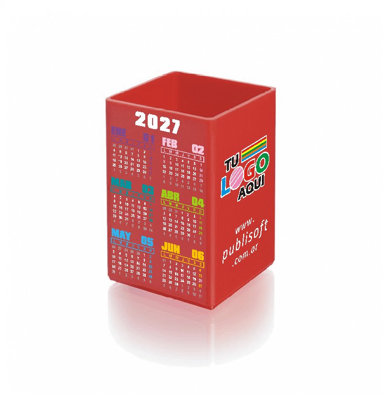 Cubo, con y sin calendario, porta lápiz rojo