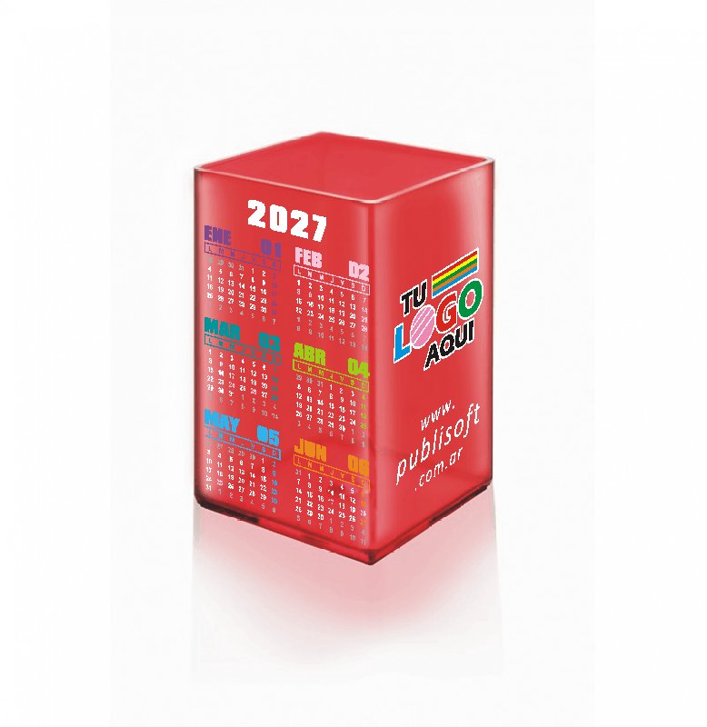 Cubo, con y sin calendario, porta lápiz, rojo traslúcido