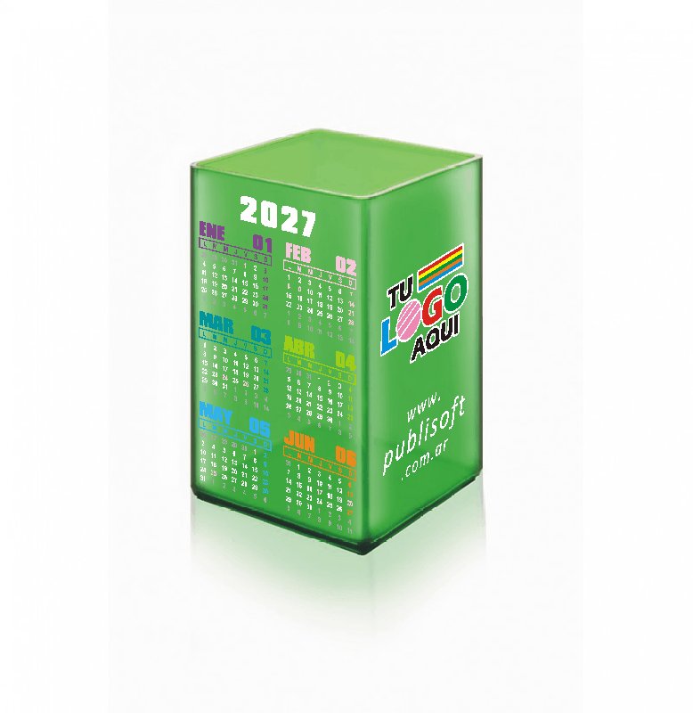 Cubo, con y sin calendario, porta lápiz, verde traslúcido