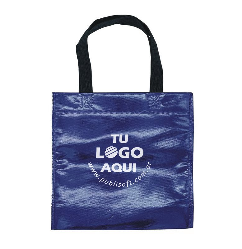 Eco bolsa, 25x25x9 cm, azul metalizado con manijas negras
