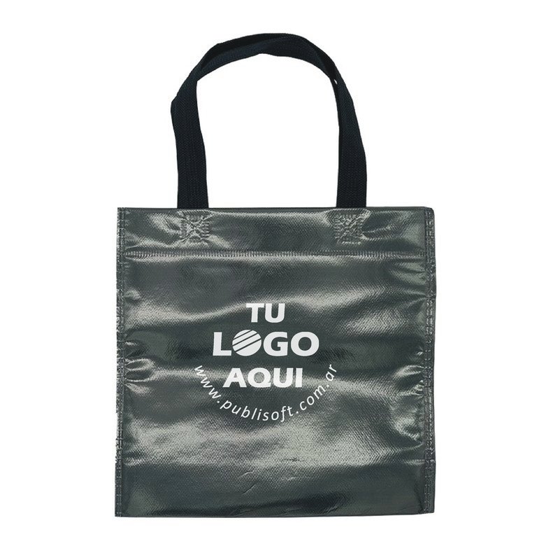 Eco bolsa, 25x25x9 cm, gris metalizado con manijas negras