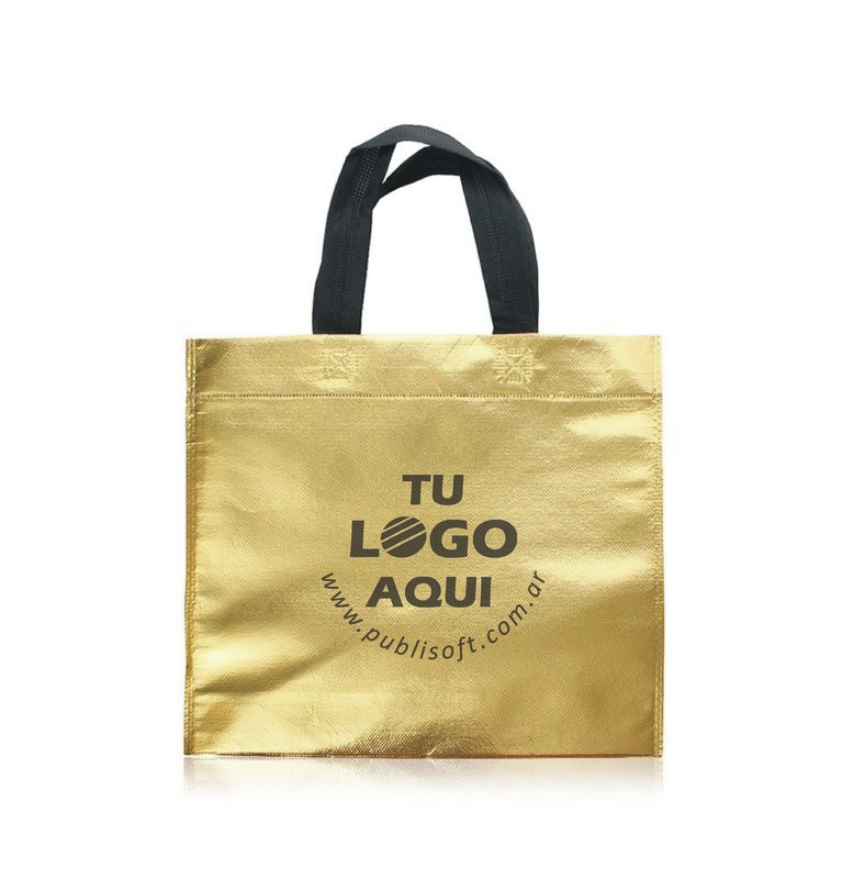 Eco bolsa, 30x30x10 cm, dorada con manijas negras