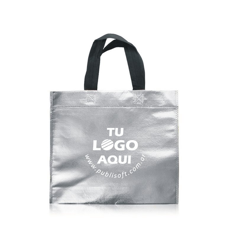 Eco bolsa, 30x30x10 cm, plateada con manijas negras
