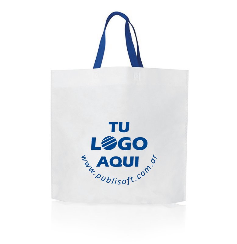 Eco bolsa, 45x40x10 cm, 70g. blanca c/manijas azul claro