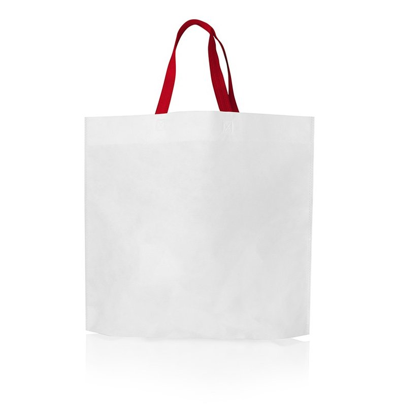 Eco bolsa, 45x40x10 cm, 70g. blanca c/manijas rojas