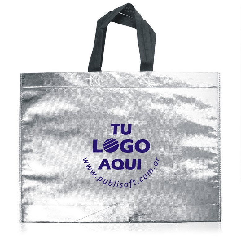 Eco bolsa, 45x40x10 cm, plateada con manijas negras