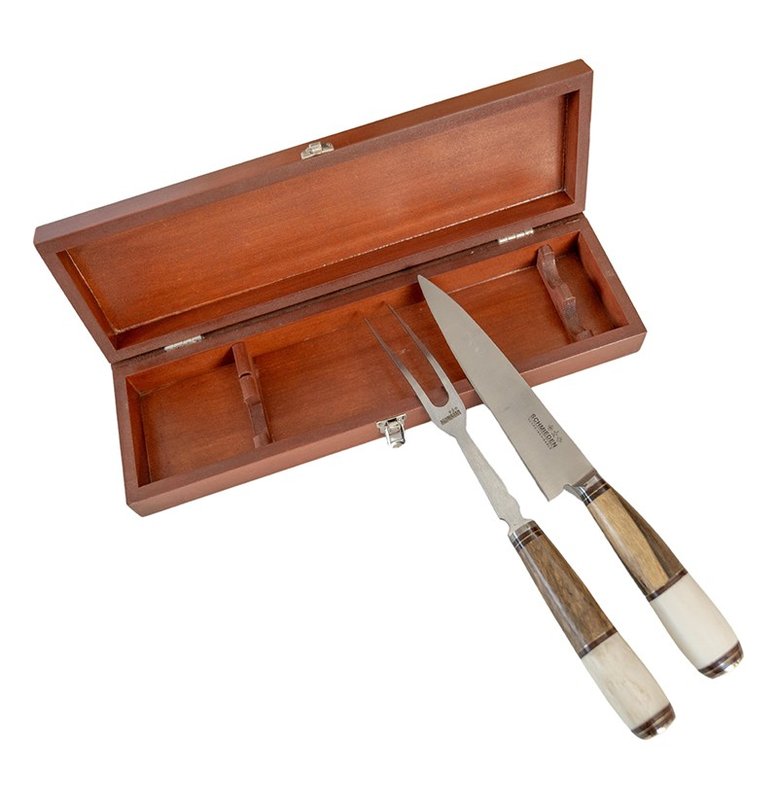 Set cuchillo tenedor parrillero, caja madera.